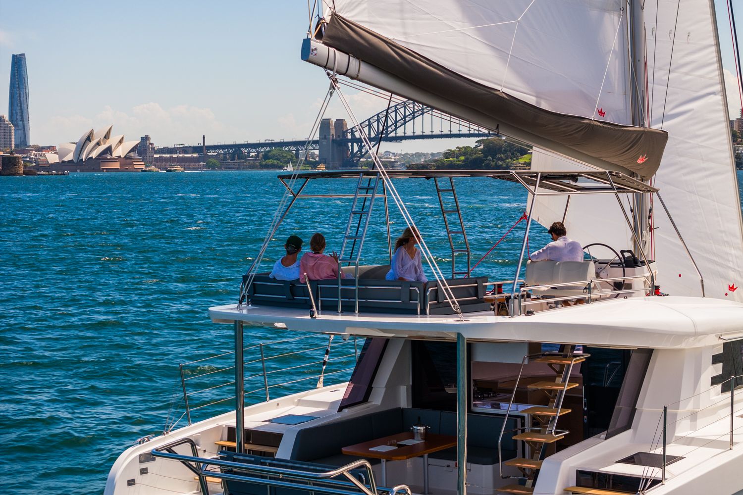 Spacious catamaran with shaded lounge areas for the perfect Sydney cruise